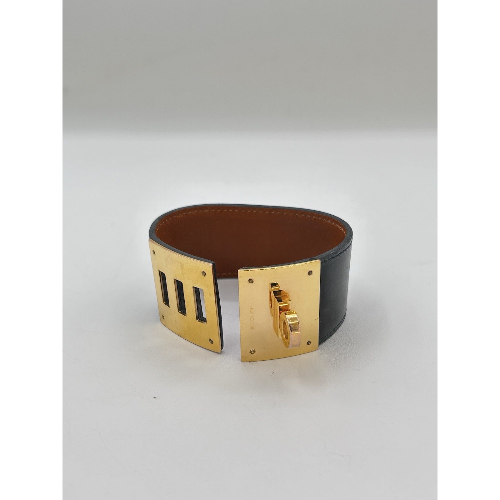 Authentic Hermes Kelly Bangle Bracelet Black Leather Gold Metal Accessory France